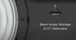 Close-up of UFO LED High Bay light showing adjustable beam angle and customizable wattage and color temperature options