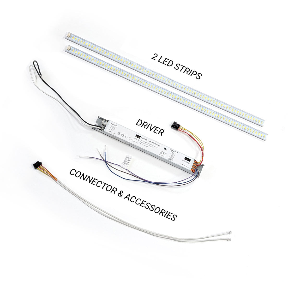 LED High Lumen Magnetic Retrofit Kit for 2x4 Troffer including two LED strips driver and connector accessories