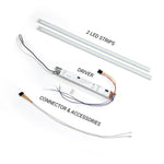 LED Magnetic Retrofit Kit for 2x2 Troffer showing two LED strips driver and connector accessories on white background