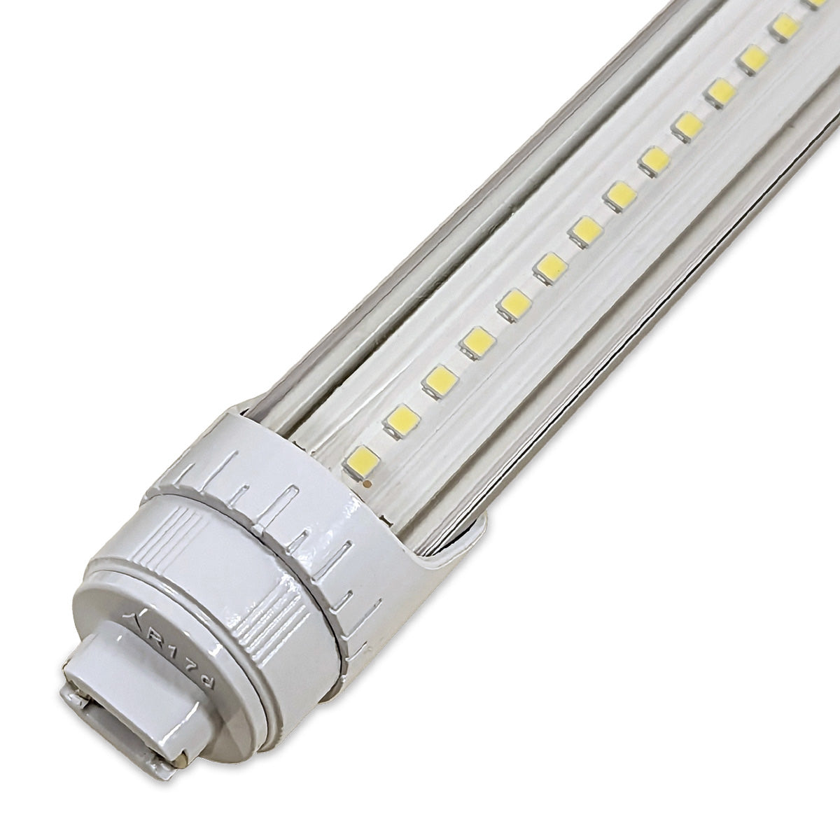 Close-up of an 8ft LED Tube 40W 7,200 lm Ballast Bypass with R17D endcap and visible LED diodes