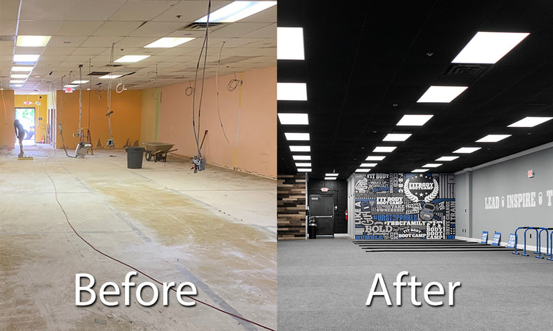 Side-by-side comparison of a room before renovation with bare walls and after with finished flooring and decorated walls