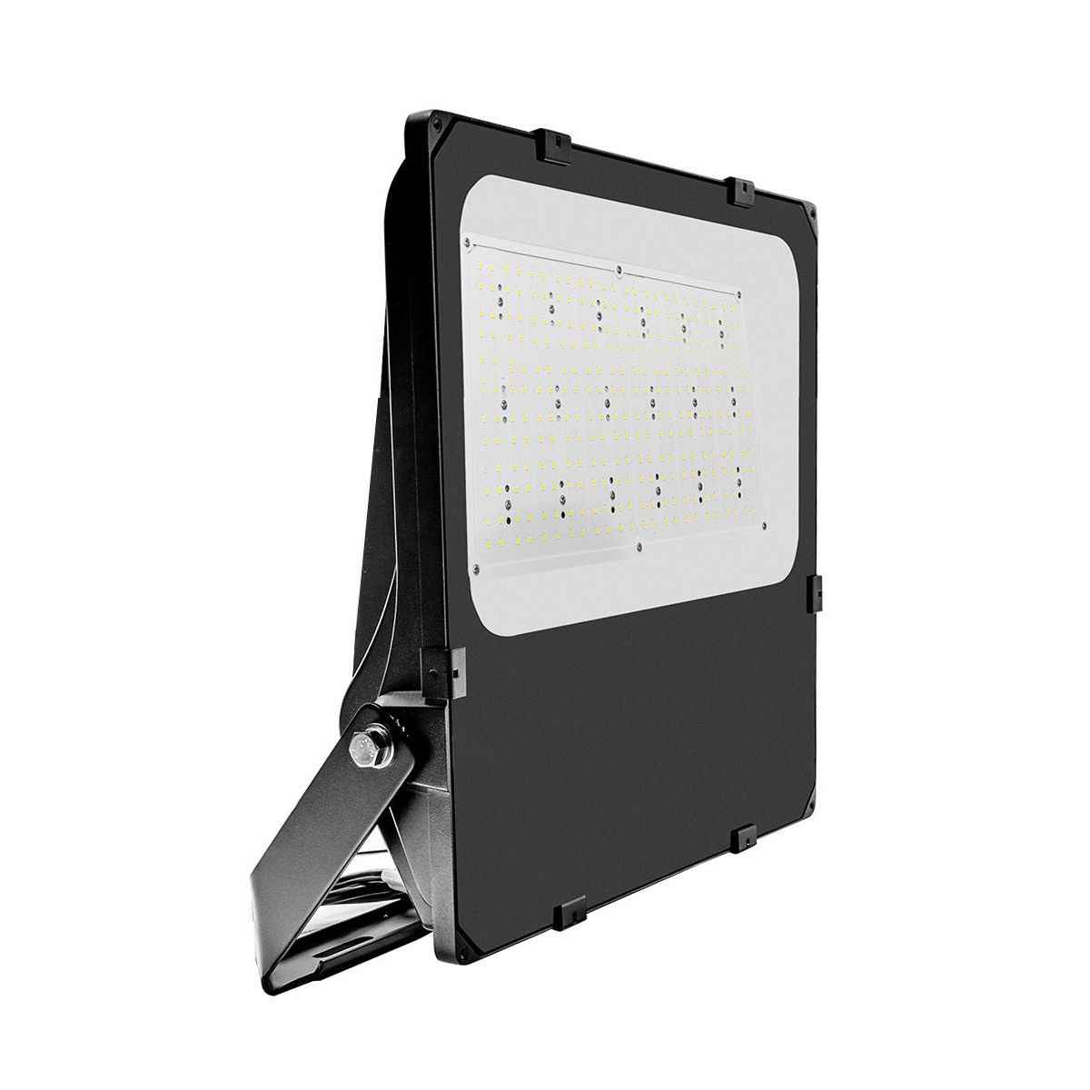 LUX LED Flood Light black rectangular commercial-grade floodlight with adjustable mounting bracket visible