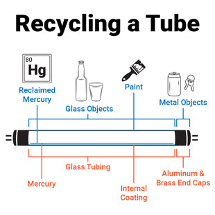 Illustration of a fluorescent tube light bulb showing its components and how they are reclaimed or recycled
