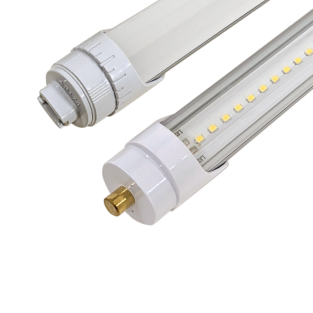 Close-up of two 8ft LED Tube 40W 7,200 lm Ballast Bypass light bulbs showing clear and frosted lens options.