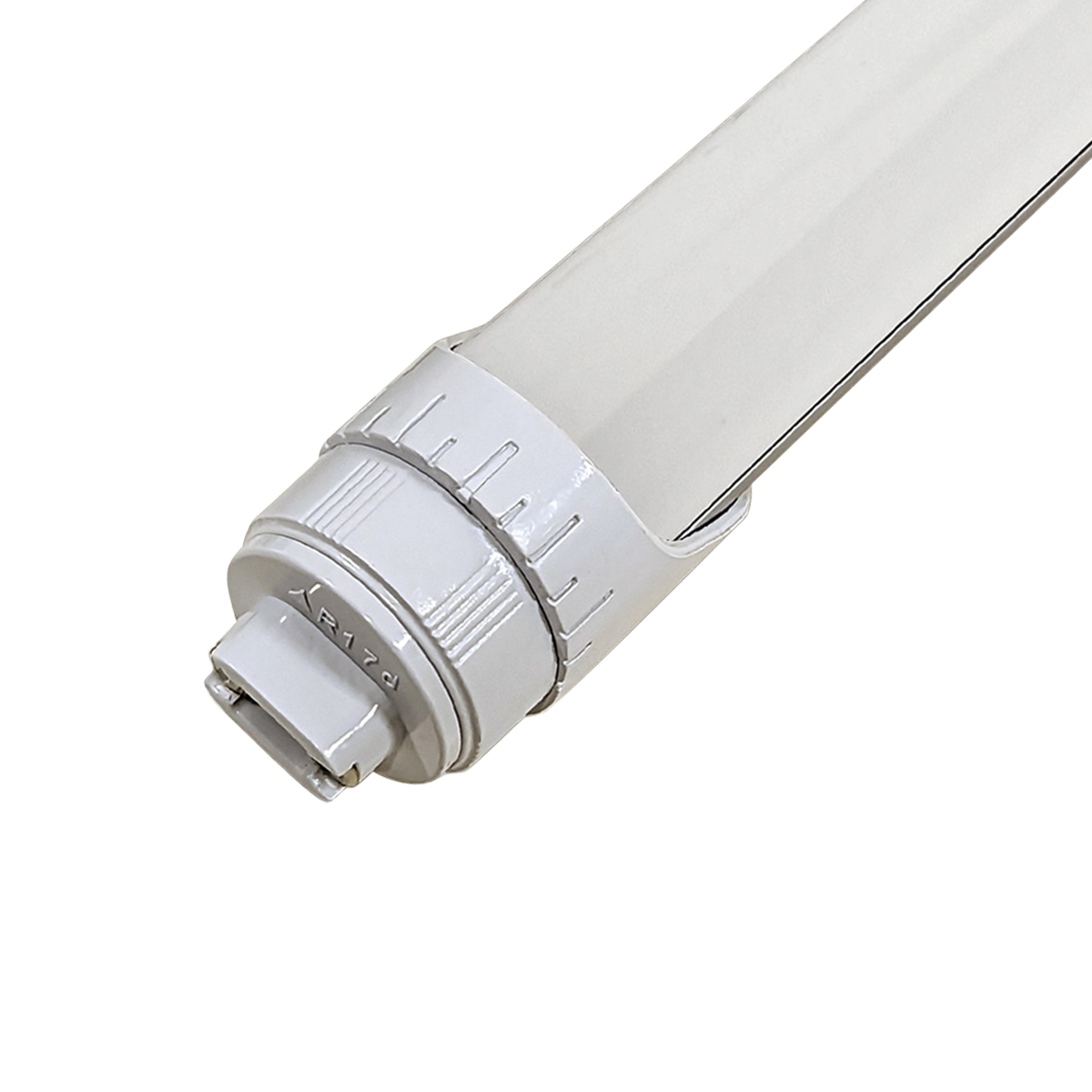 Close-up of an 8ft LED Tube 40W 7,200 lm with ballast bypass and R17D endcap for efficient lighting upgrades.