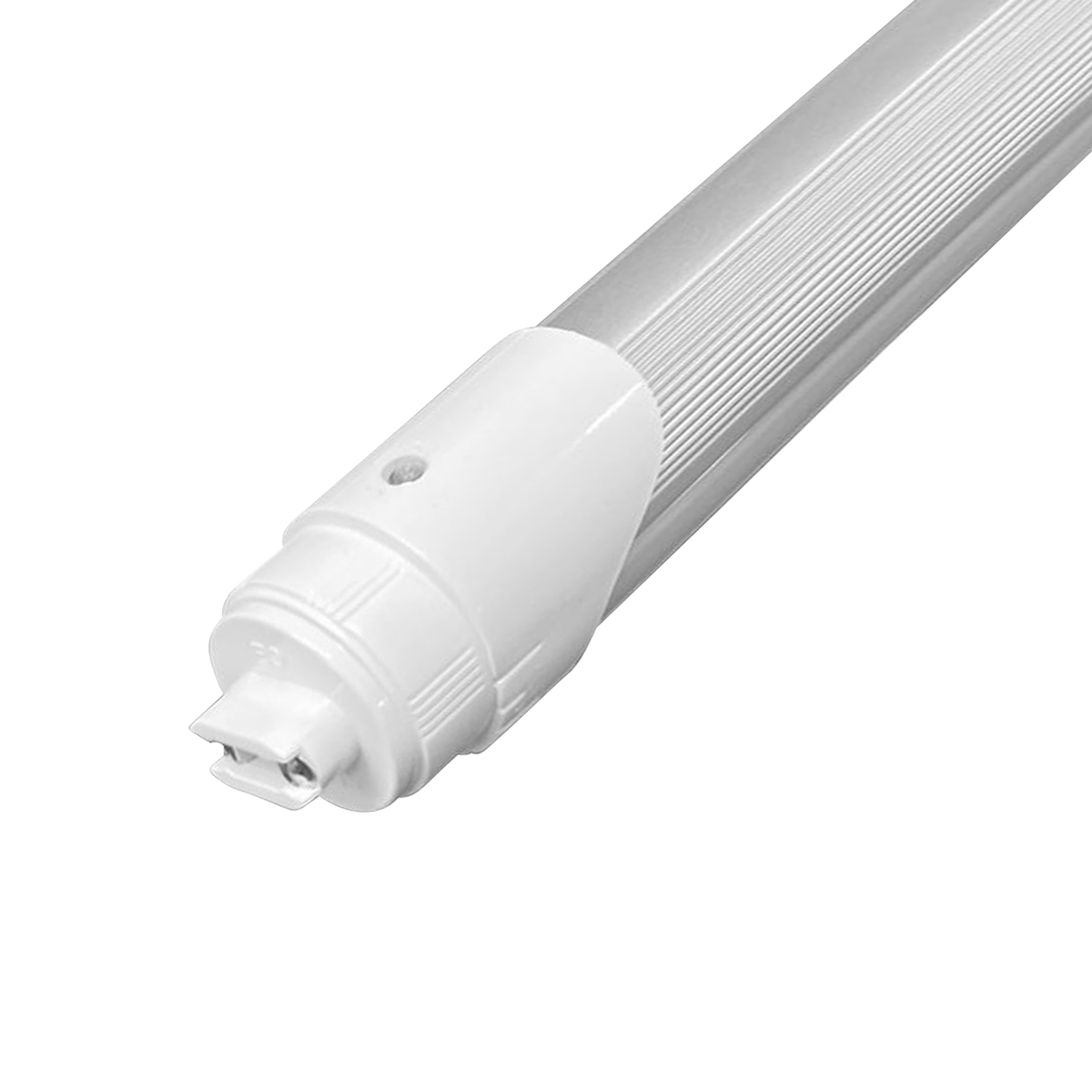 Close-up of 8ft LED Tube 40W R17D Type B showing end cap and ribbed light-diffusing cover for bright illumination