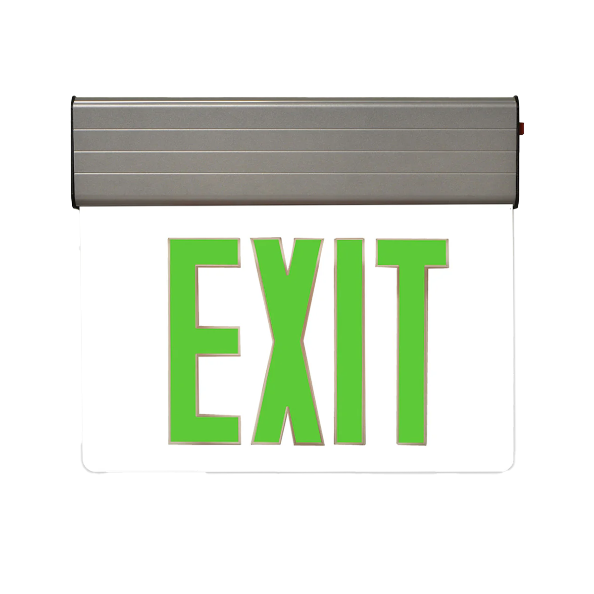 LED Edge Lit Exit Sign - MaxLite with green letters and slim, modern housing for flexible mounting options